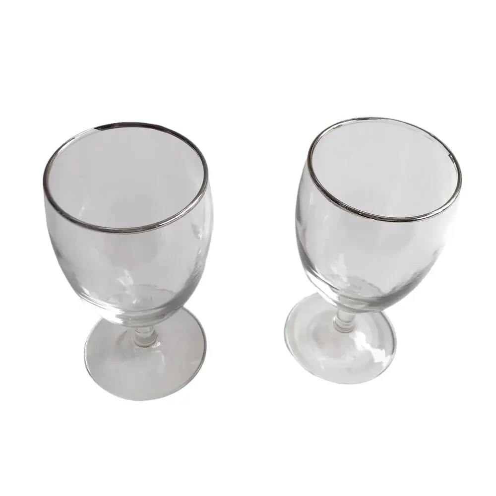 Footed Water Glasses Set of 2 Goblets Silver Rimmed Clear Stemmed Drinking Glass